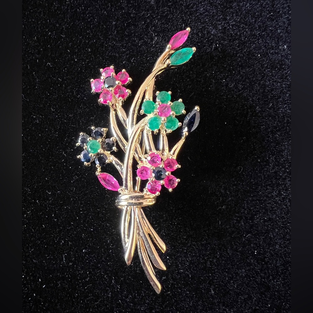 Vintage 14K Gold and Colored Gemstone Floral Bouquet Brooch